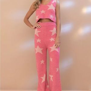 Blue B Pink Fuzzy Soft Star Pant + Top Pajama Set